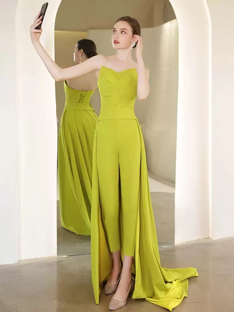 New Oliver Green Prom Party Dress 2026 V-Neck Sleeveless Jumpsuit Formal Dress Evening Pageant Gown Birthday Robe De Soriee