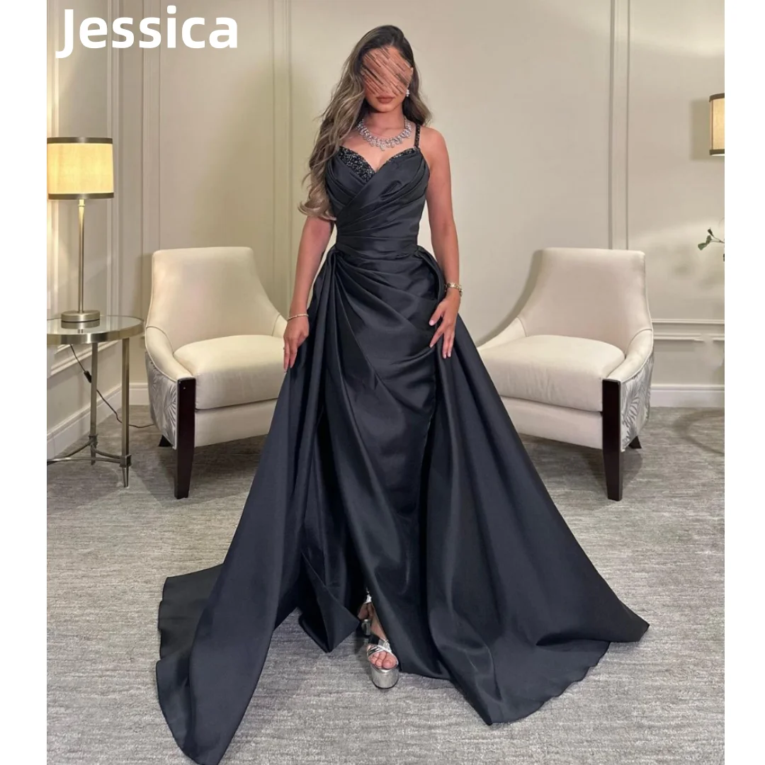 

Jessica Black Prom Dress Luxurious Satin Arab Lady Evening Dresses فساتين السهرة Mermaid Cloak Formal Occasions Party Dresses