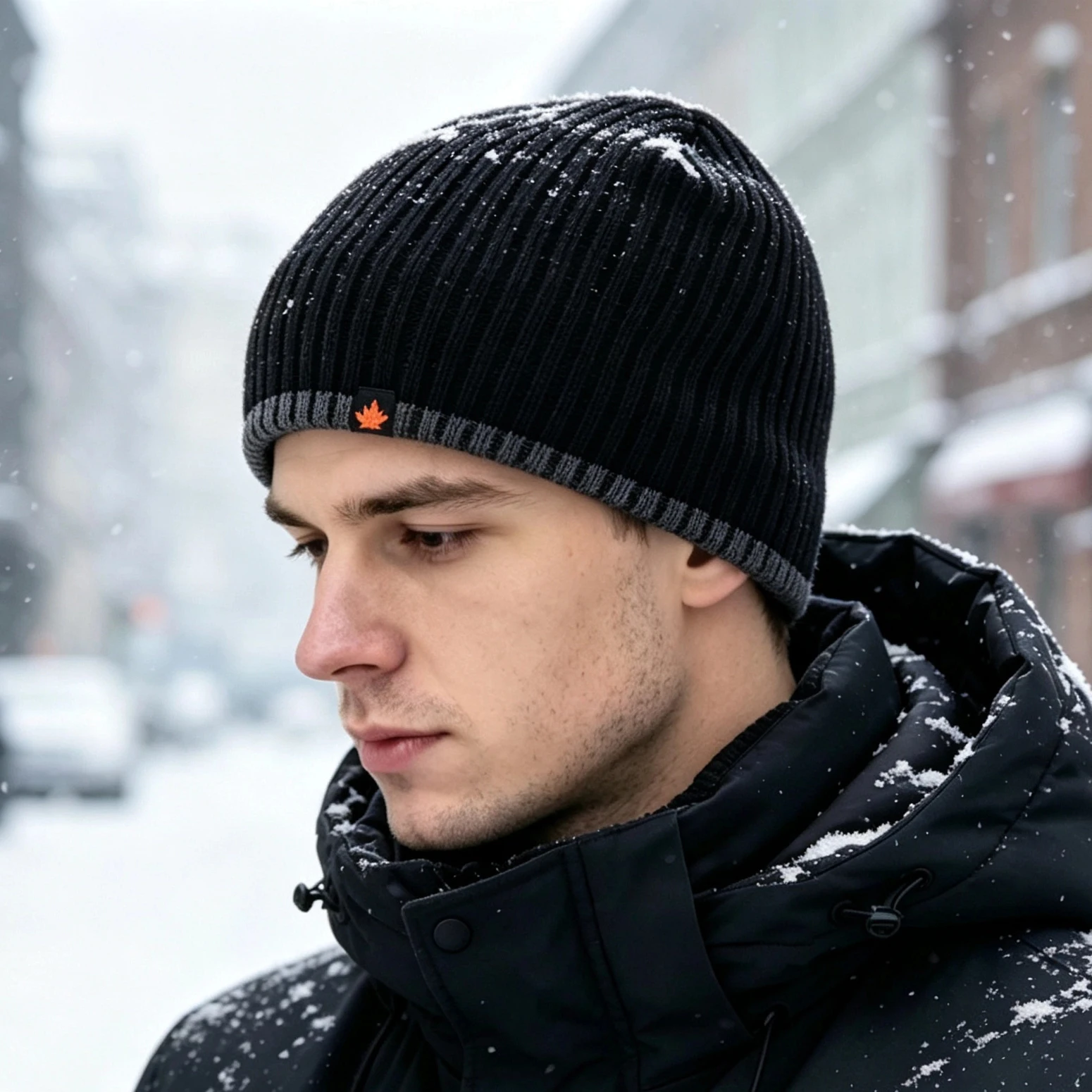 Winter Beanie Hat Men Fleece Lined Warm Knitted Hat With Maple‑leaf Wove Label Solid Color Outdoor Ski Skullcap For Cold Weather