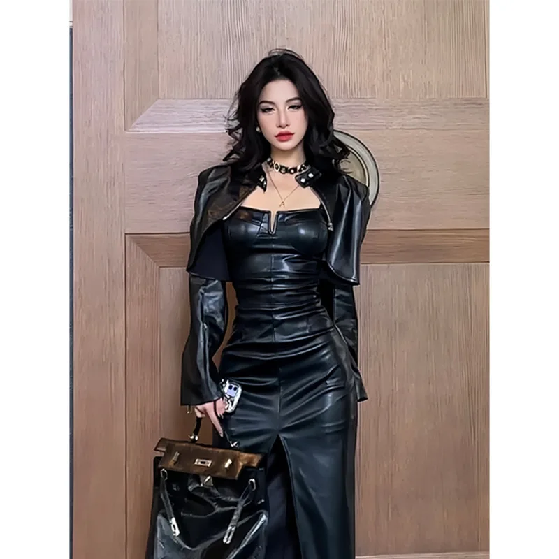 Large Size Spicy Girl Royal Sister Leather Skirt Set Women\'s Leather Coat Short Coat Sexy Dress Wrapped Hip Skirt Fat Mm Long