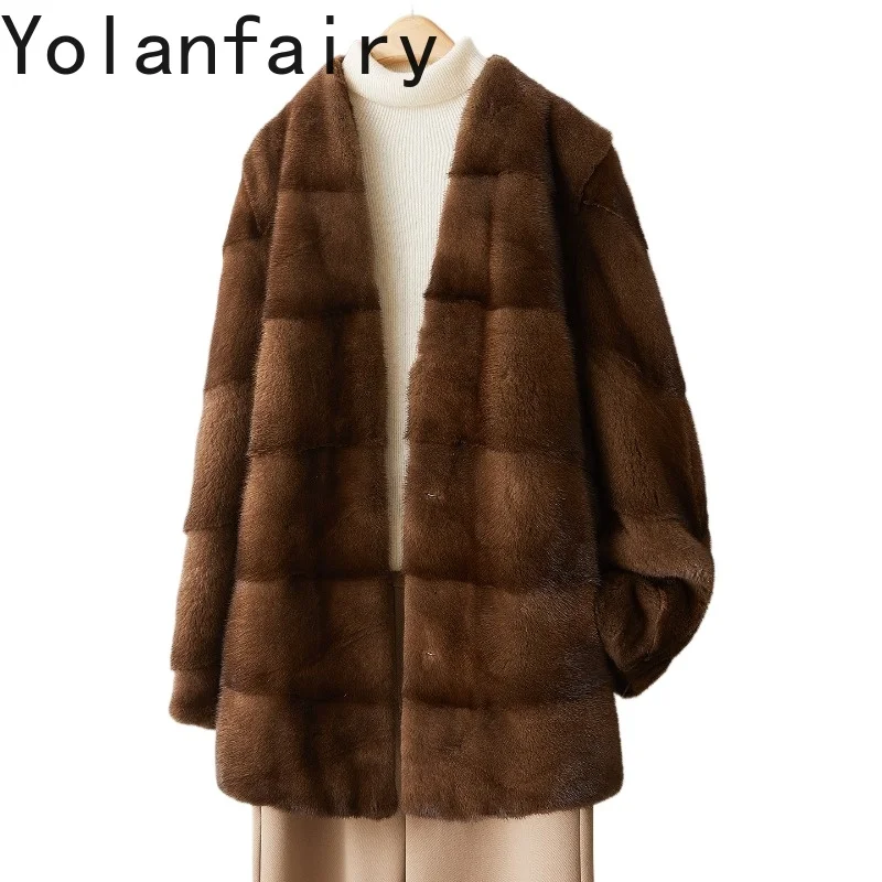 YOLANFAIRY Real Fur Coats for Women Luxury Winter Fashion V-neck Natural Fur Coat Woman Whole Mink Fur Jacket Mid-length Abrigos