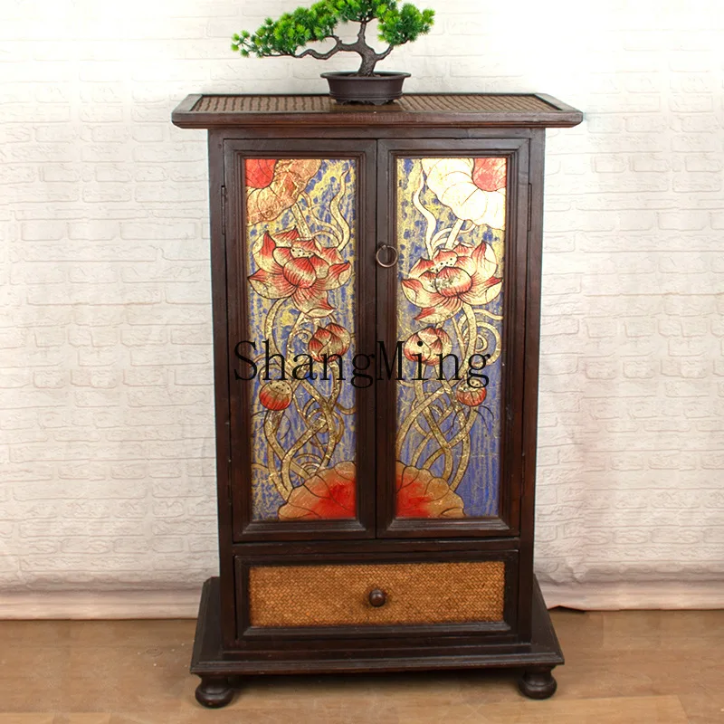 

FG new solid wood double door living room storage cabinet lotus porch cabinet retro creative dining room side cabinet