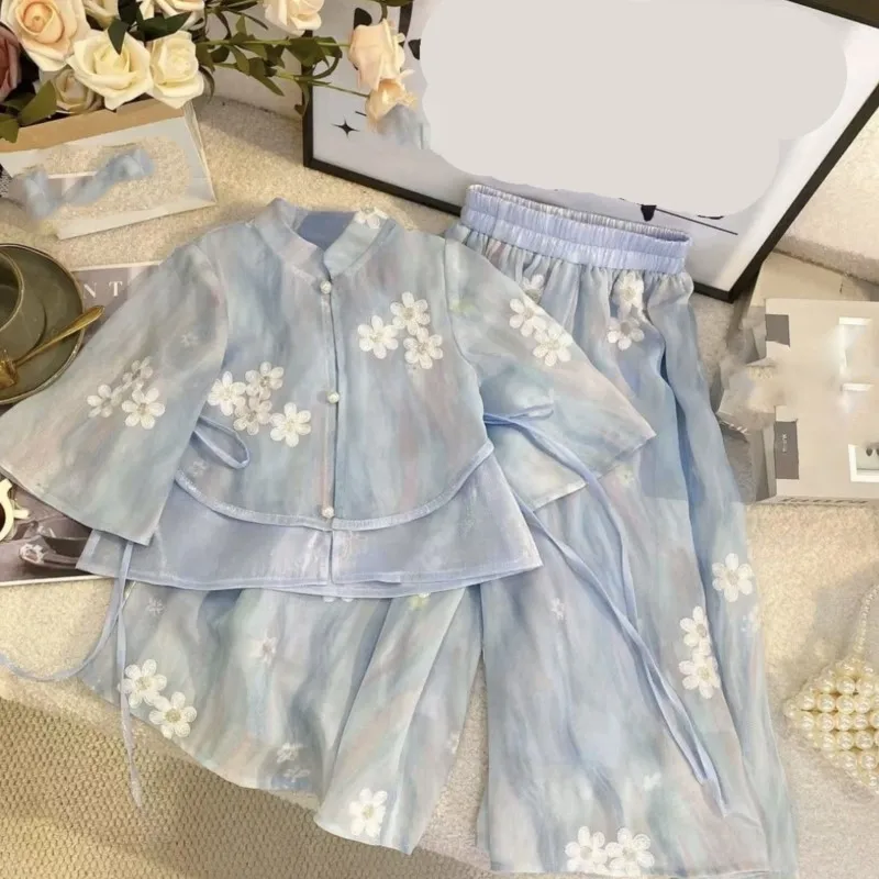

2026 Girls' New Chinese style Top and Pants 2-piece Set Creative Children's Breathable Embroidered Trendy Clothing Set LJ595