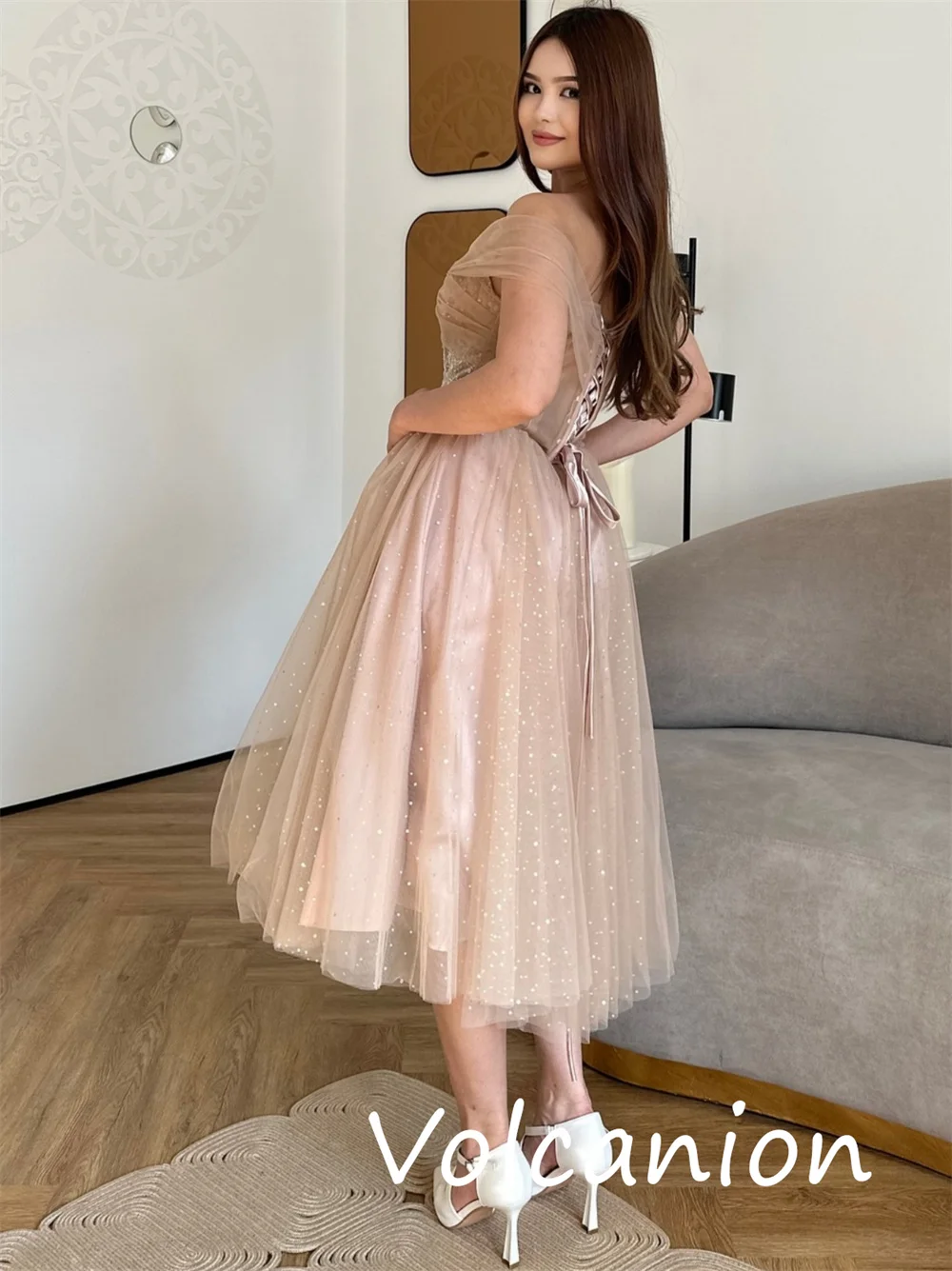 Customized Sparkle Fashion Organza Sequined Pleat A-line Off-the-shoulder Midi Dresses Bespoke Occasion Sexy