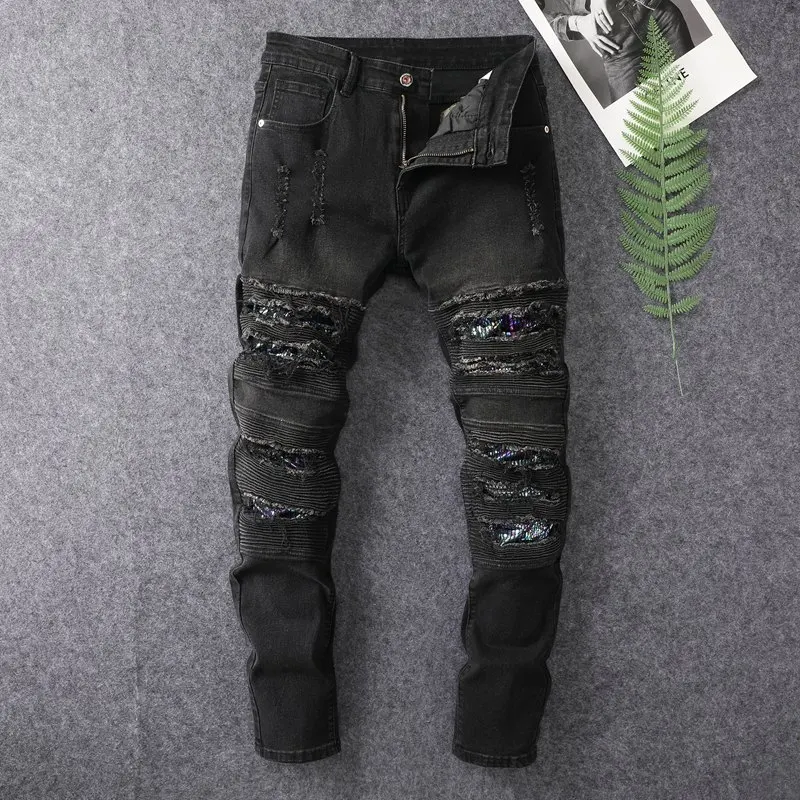 2024 fashion trend distressed jeans for men's motorcycle slim fit small feet Street retro washed casual denim long pants