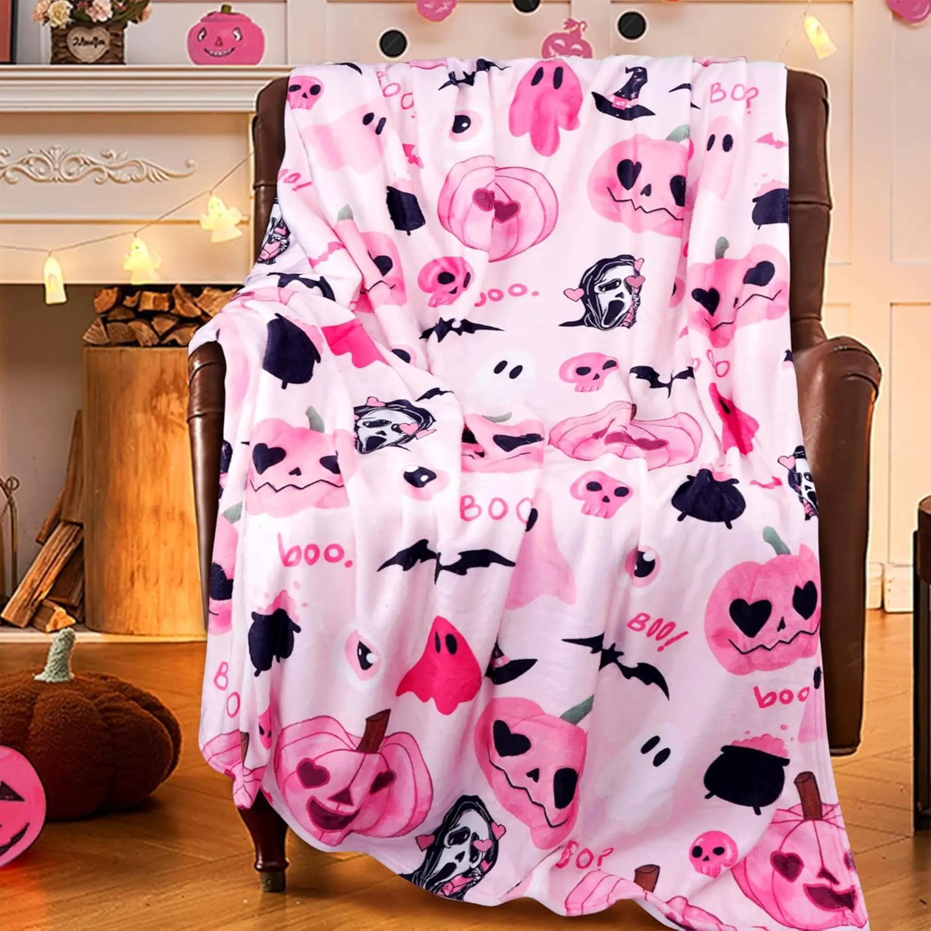

Halloween Pink Girly Floral Print Blanket Nap Blanket Flannel Home Warm Custom Blanket