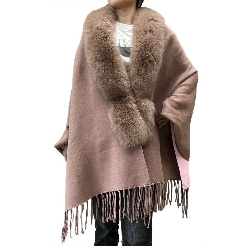 High Quality Luxury Fringe Knitted Poncho Shawl Cape Women with Fox Fur Collar