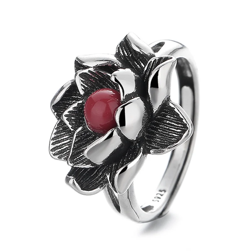 Vintage Ethnic Style Red Lotus Ring Female Finger Accessories Trendy Enamel 925 Silver Ring Adjustable Hand Jewelry