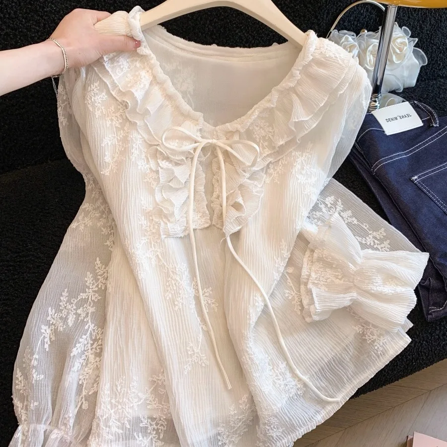 

Весна 2026: Корейская кружевная блузка с вышивкой и длинным рукавом для женщин, повседневная, на пуговицах, с цветочным принтом, для офиса и на каждый день