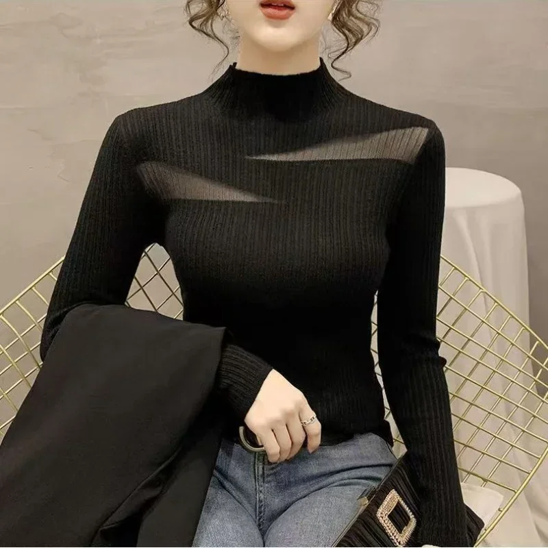 

2025 New Sexy Mesh Fashionable Half-high Neck Bottoming for Women Solid Color Sweater Knit Top