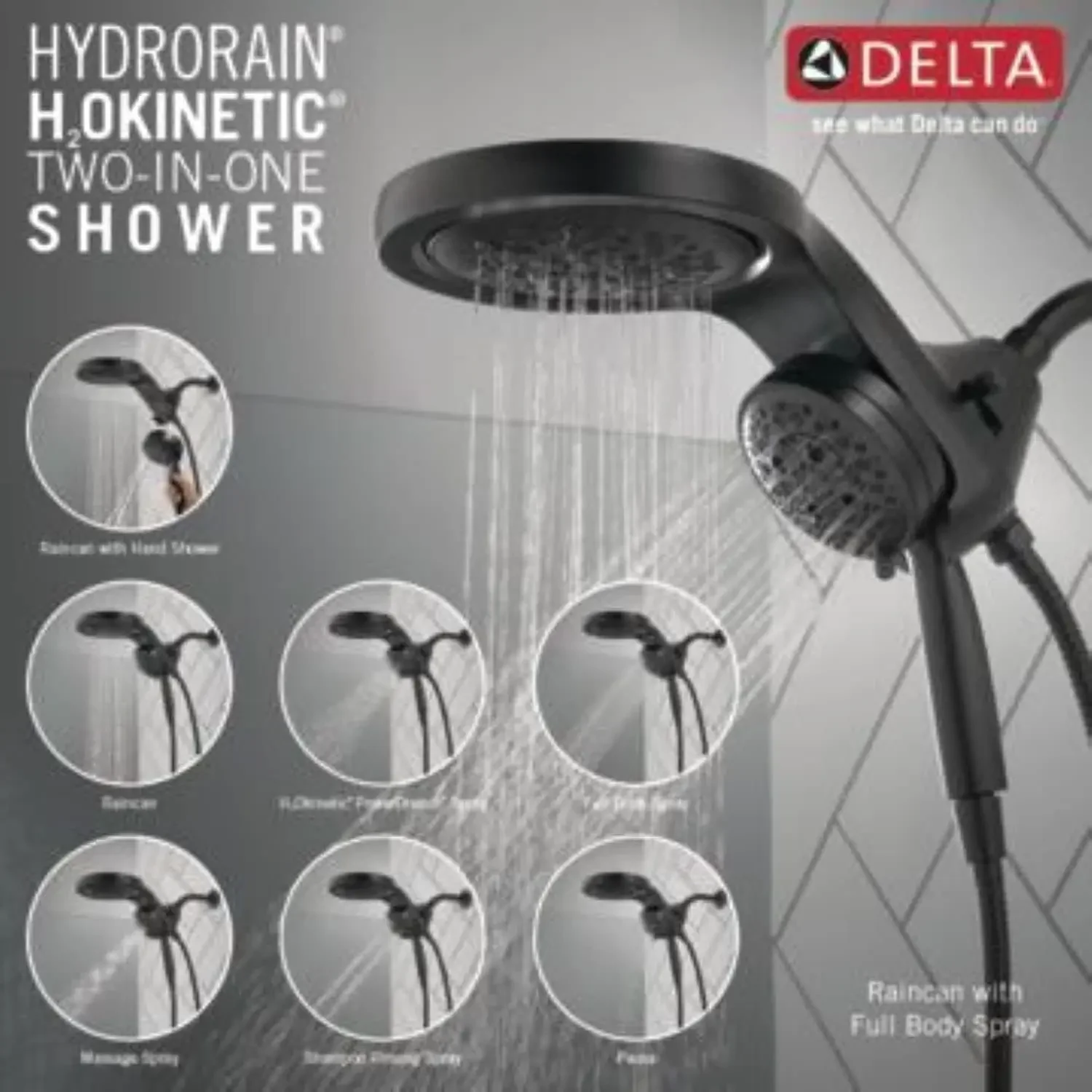 Delta Faucet HydroRain H2Okinetic Dual Shower Head with Handheld 5-Spray, Hose, Detachable Shower Head, 2.5 GPM Flow Rate