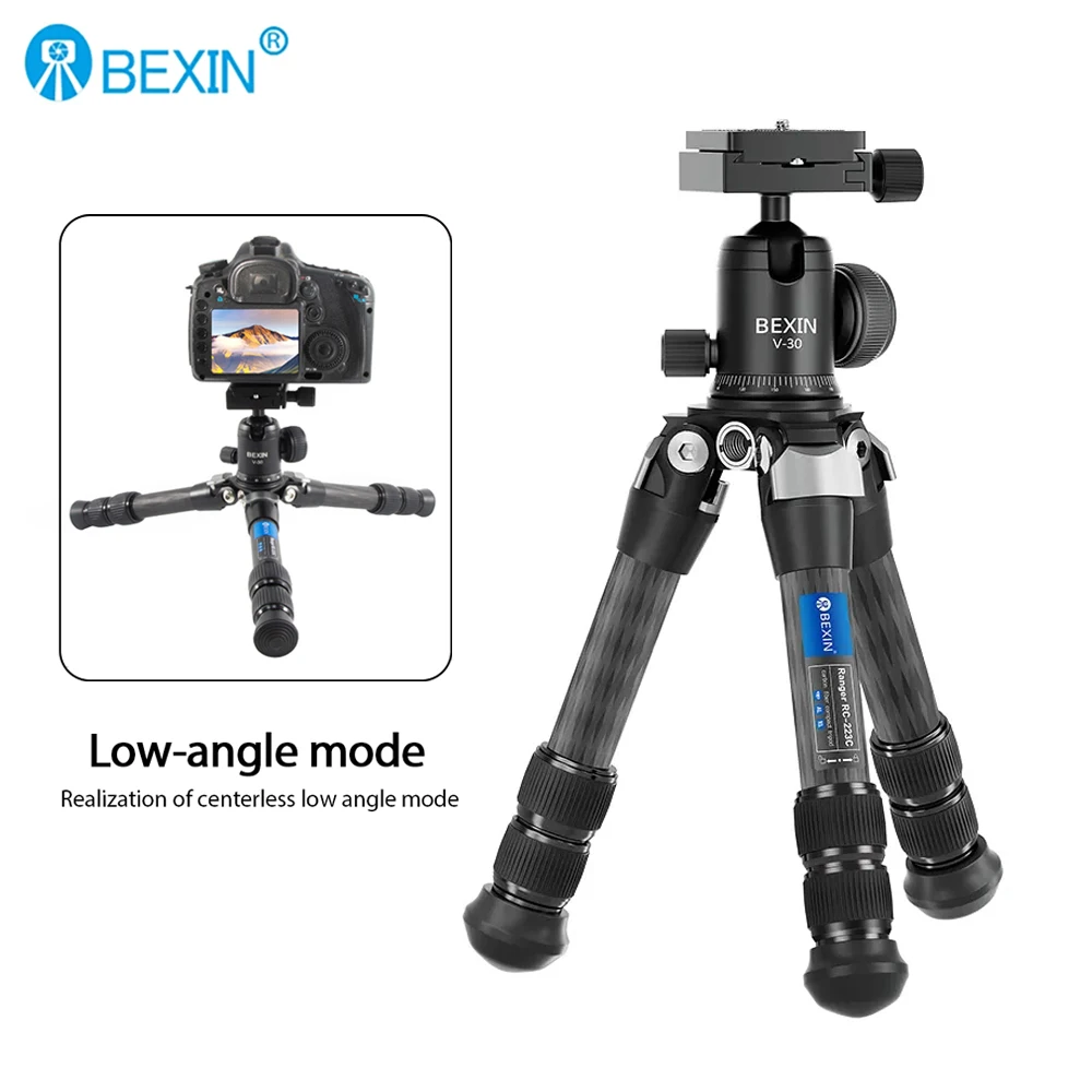 BEXIN RC223C Portable Folding Carbon Fiber Desktop Tripod Max Load 10kg Lightweight Compact Tripod for DSLR Camera Mobile Phone