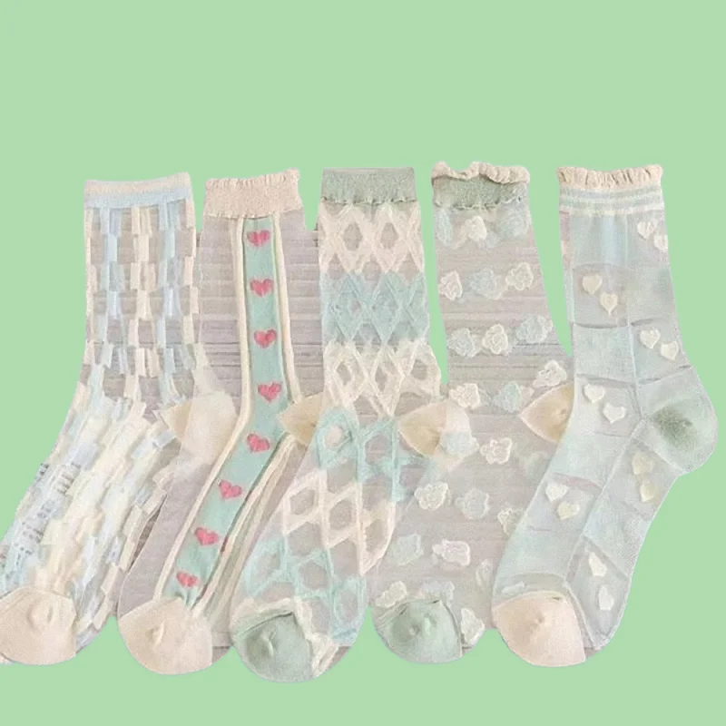 5/10 Pairs Thin Cute Sweet Versatile Breathable Pile Socks Water Blue Light Casual Socks Transparent Glass Silk Mid-tube Socks