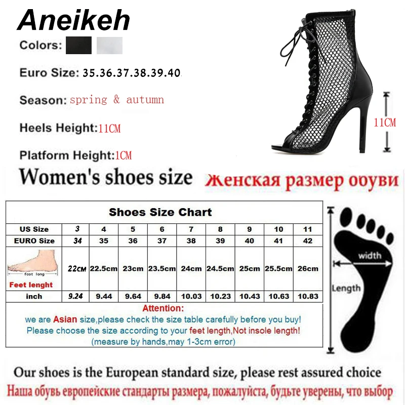 Aneikeh Fashion Women Ankle Boots Hollow Out Mesh High Heels Shoes Woman Lace-Up Open toe Sexy Sandals Boots Mujer Black White