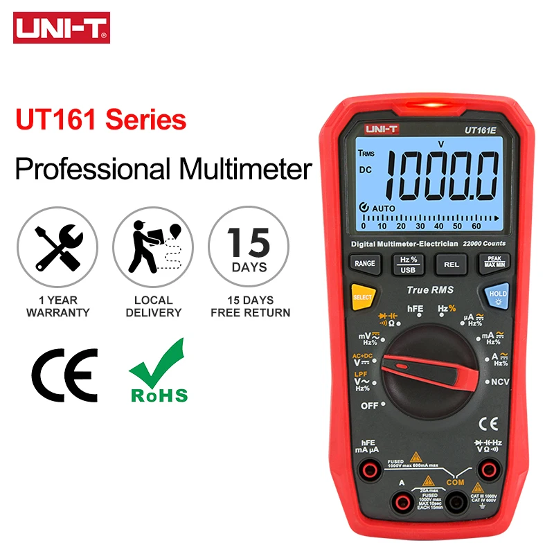 Multímetro profesional UNI-T Digital UT161E UT161D UT161B 1000V DC AC voltímetro probador de capacitancia multímetro de barra analógica
