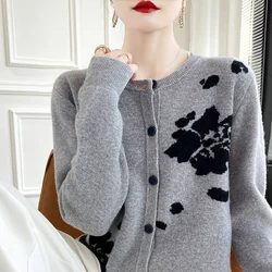 100% merino wool cardigan New cashmere sweater women's round neck cardigan in autumn and winter warm soft knit bottoming top