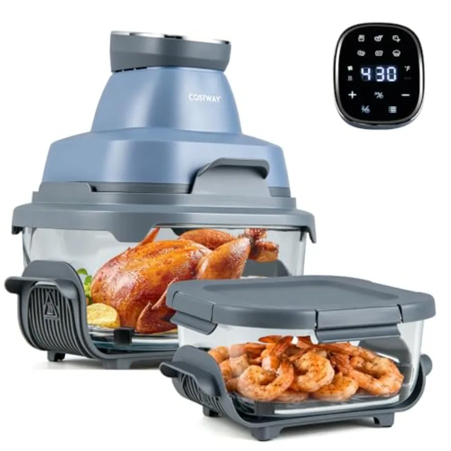 

6-in-1 Portable Glass Air Fryer for Kitchen Use, Borosilicate Glass, Navy, Dual 4.2QT 1.8QT Containers with Lids, 95 Less Oil,