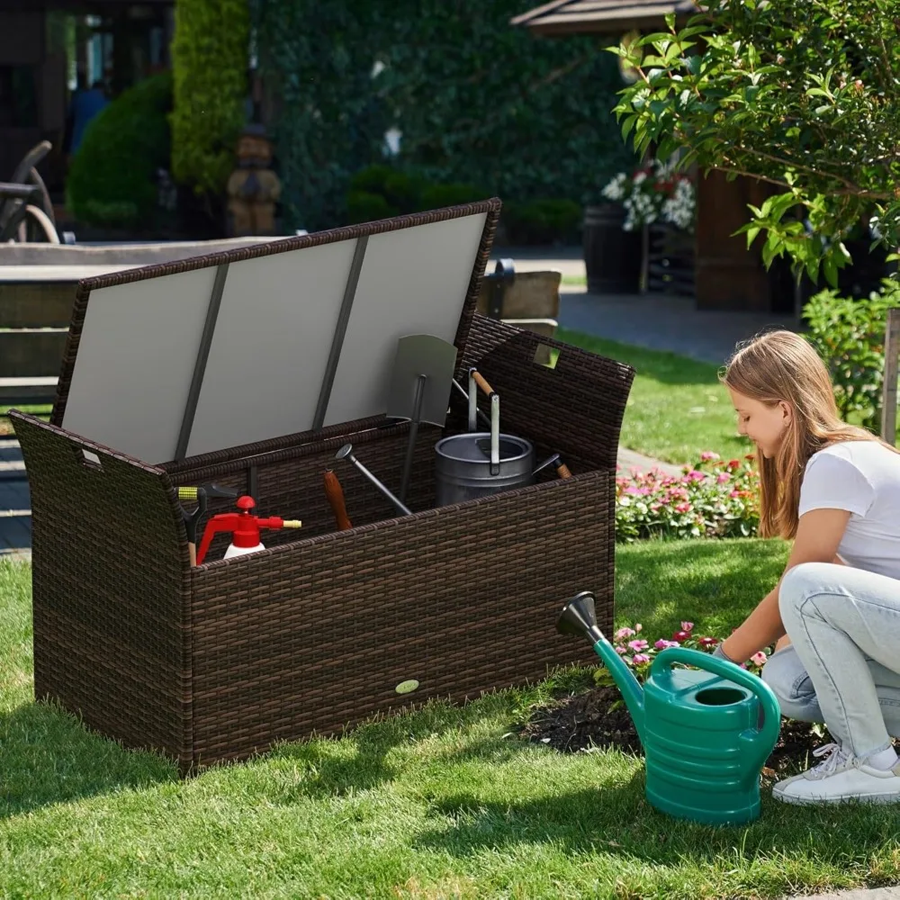 

Wicker Outdoor Storage Bench, 68 Gallon Rattan Deck Box w/Side Handles & Soft Cushion for Pillows, Garden Tools