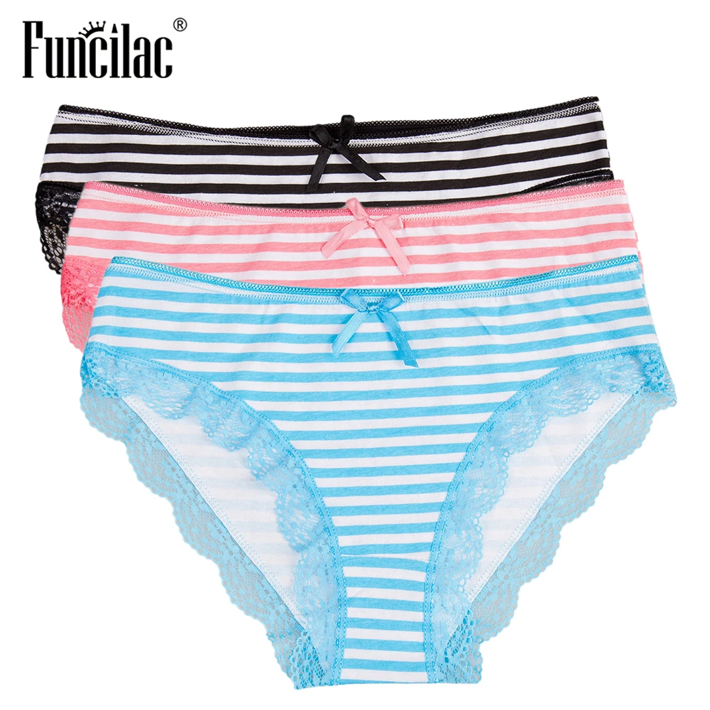 Underwear Women Cotton Ladies Panties Sexy Lace Striped Briefs Simple Pink Calcinha Plus Size Lingerie  3 pcs/set