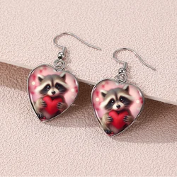 2024 New Cartoon Raccoon Dangle Earring Heart Shaped Earrings Handmade Glass Dome Jewelry
