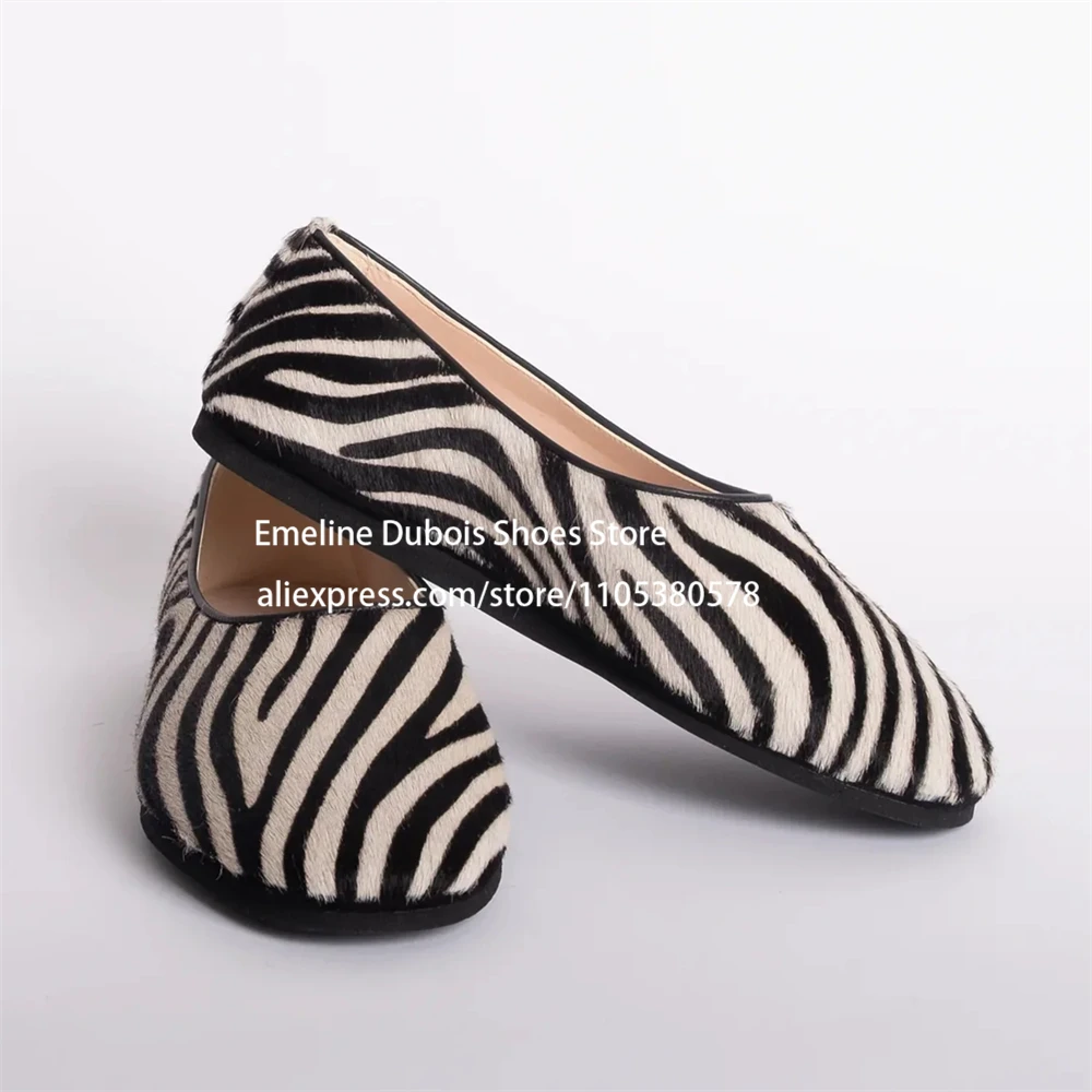 

Zebra Print Faux Pony Hair Ballet Flats Women Round Toe Slip on Casual Shoes Comfortable Daily Office Loafers Ladies Flat Shoes