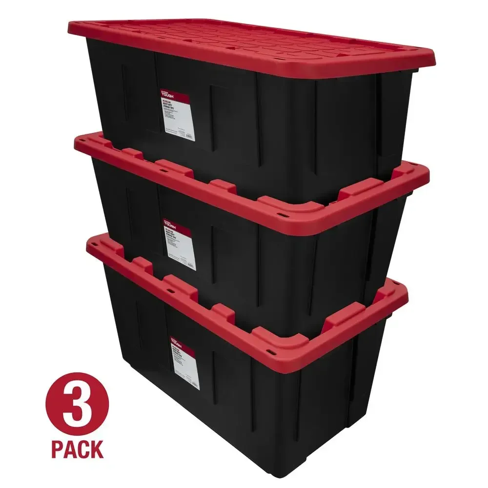 

Plastic Storage Bin Set 40 Gal Black Snap Lid Red 3-Pack Stackable Outdoor Indoor Home Organizer Barn Closet Pantry Attic Shoe