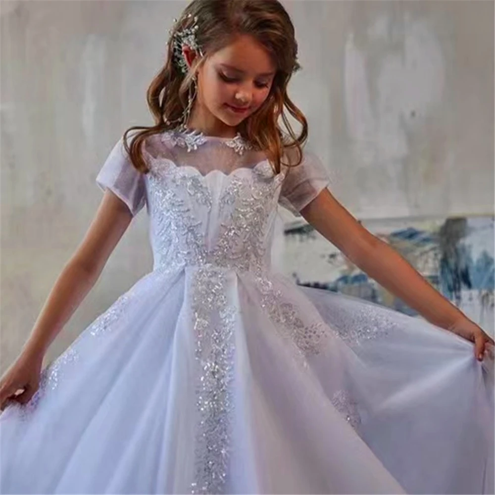 Lovely Flower Girl Dress Short-sleeved Tulle Lace Printing Elegant Princess Ball First Communion Dresses Kids Birthday Gift