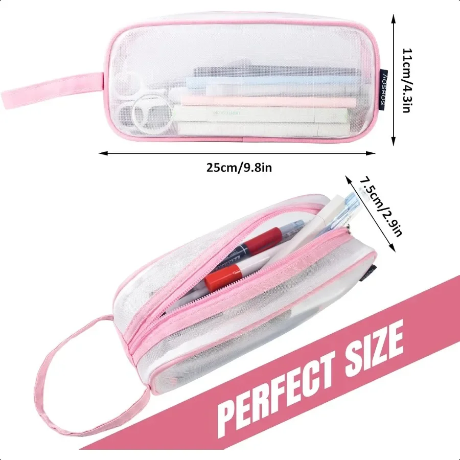 Aosbos Mesh-Federmäppchen, durchsichtiges Federmäppchen, Bleistiftbeutel, transparente Stifthaltertasche, Mehrzweck-Organizer-Box mit tragbarem Stra