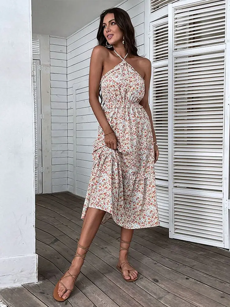 2022 Summer New Floral White Sling A Line Dress For Women's Fashion Small Floral Waist Beach Halter Dress