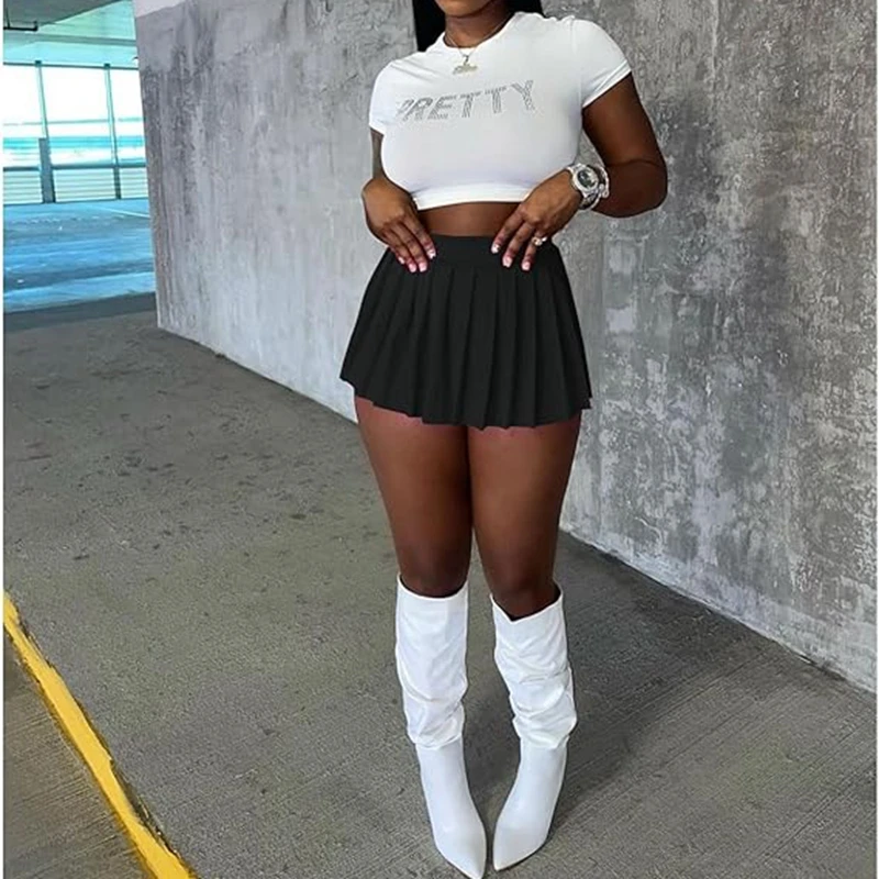 Womens Mini Pleated Skirts Sexy Party Clubwear Y2k Elastic High Wiast Stretchy Tennis Cargo Skater Short A-line Skirt