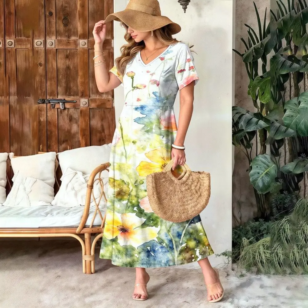 Casual Floral Summer Dress Womens V Neck Loose Maxi Dresses Bohemian Style Elegant Flowy Beach Holiday Apparel