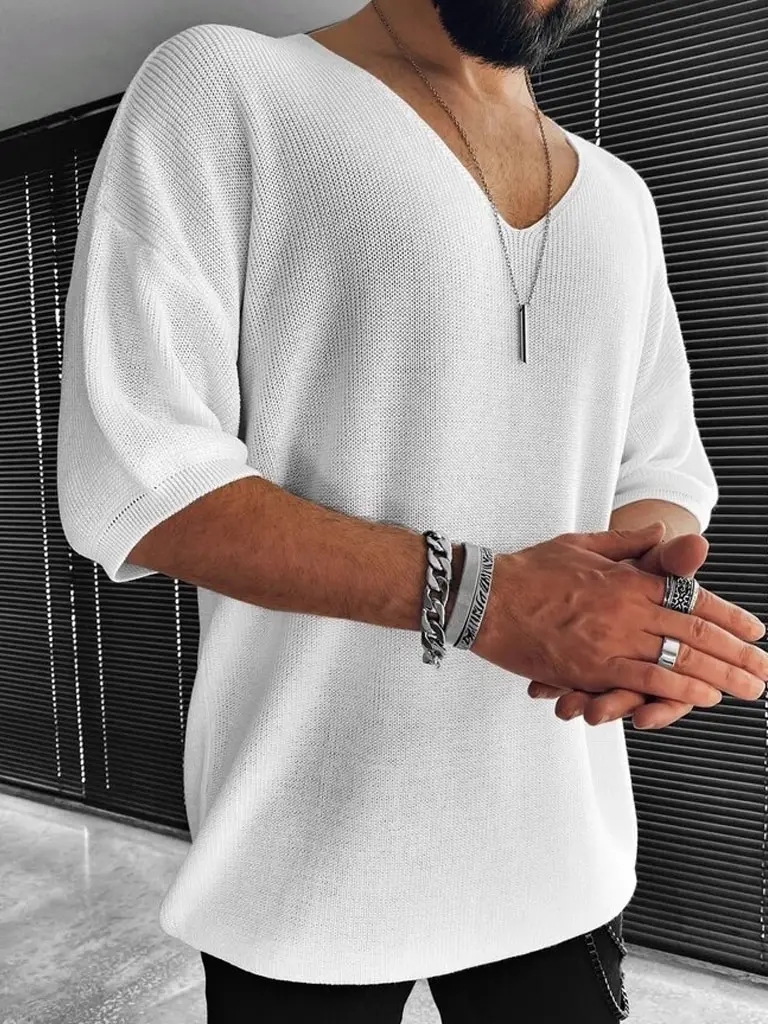 

Mens Loose Drop Shoulder Honeycomb Knit V Neck T Shirts Viscose Blend Oversized Short Sleeve Breathable Knitted Daily Tees