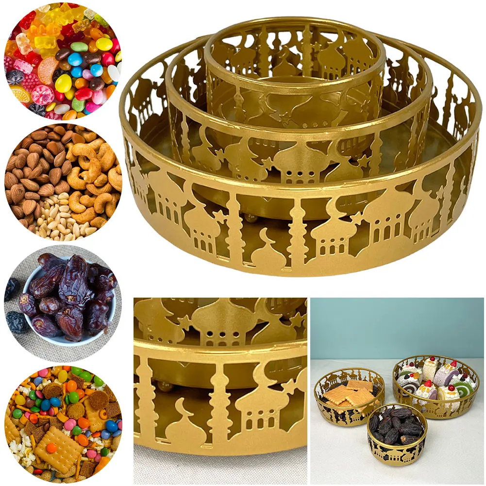 2/3Pcs Eid Ramadan Mubarak Trays Dessert Serving Tray Islamic Metal Candy Holder Ramadan Home Decor for Dessert Snack Pastry