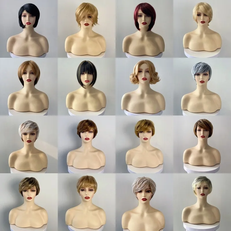 Fluffy and stylish short straight hair wigs, machine-made synthetic fiber full head wigs