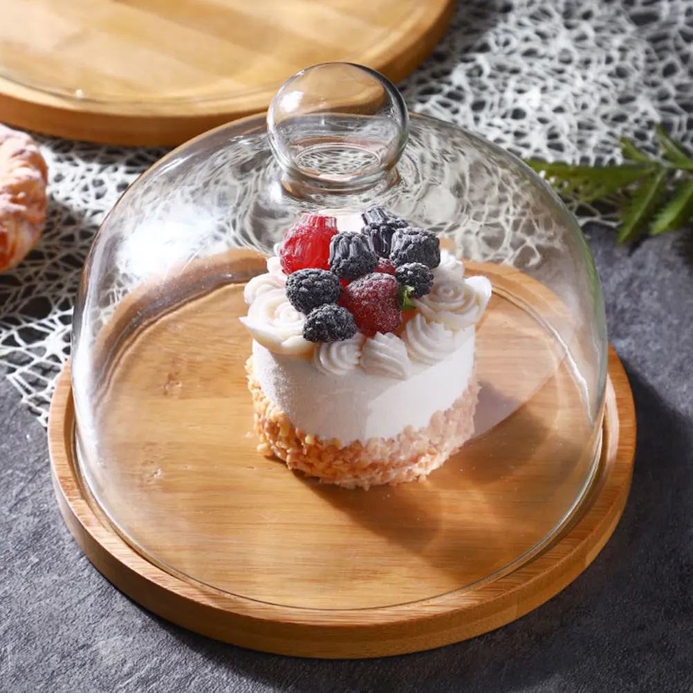 

1 set 1 Set Cake Display Tray Light Brown Thickened Glass Cover Wood Base For Dessert Cupcake Butter Food Set