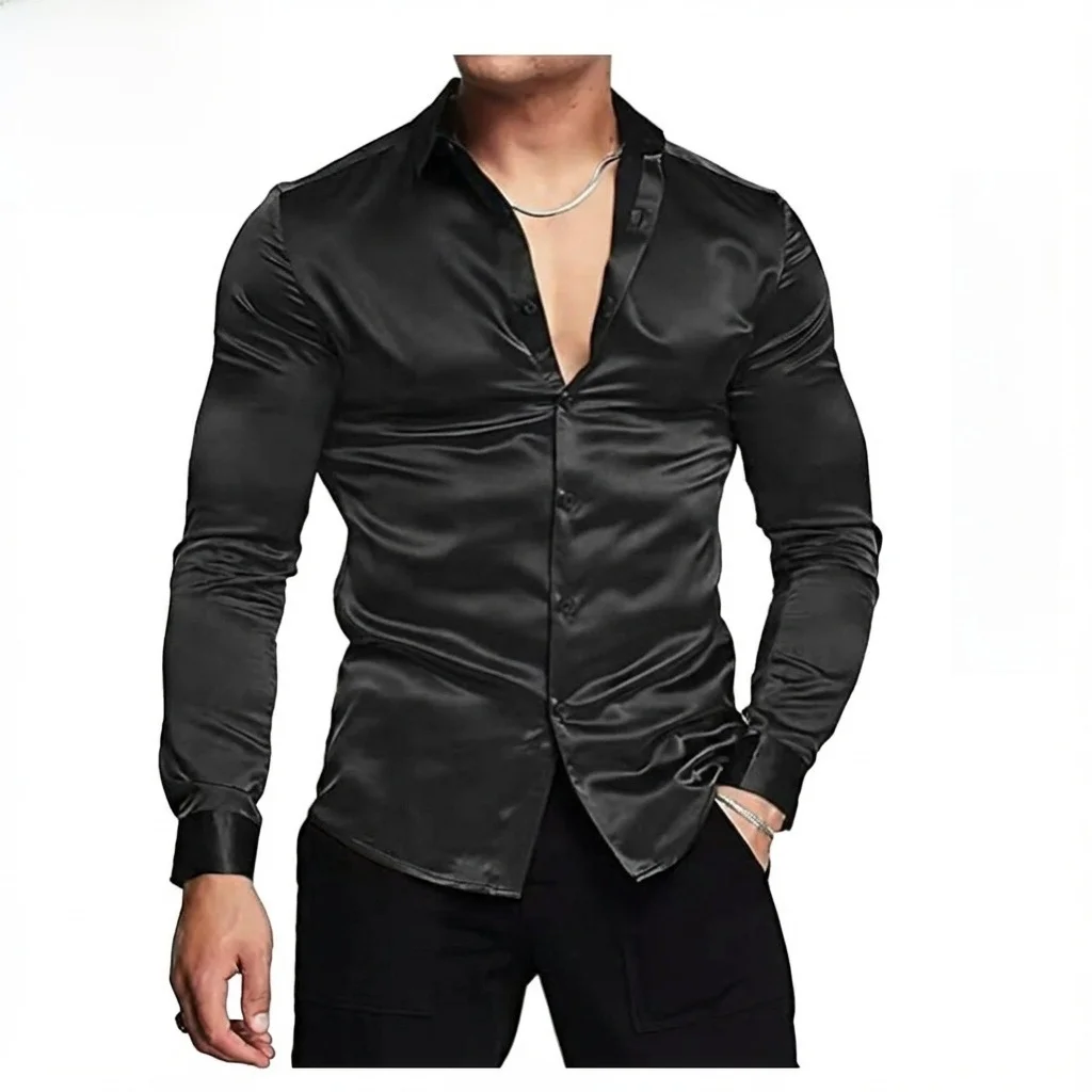

Men's Fashionable Color Shiny Surface Party Shirt Loose Fit Long Sleeve Silk Material European Style Collar Open Cardigan
