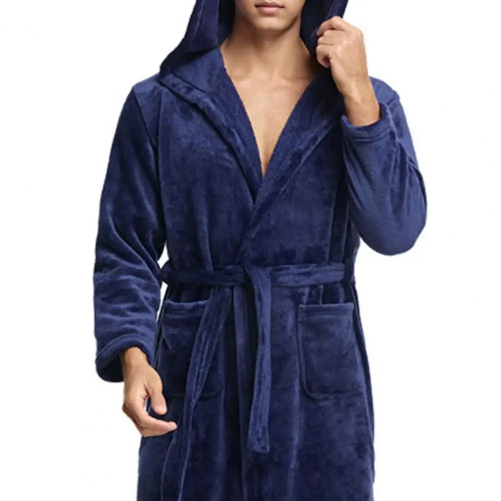Soft Solid Color Men Coral Fleece Pockets Long Bath Robe Home Gown Sleepwear Bath Robe Men Knee-Length Loungewear Robe
