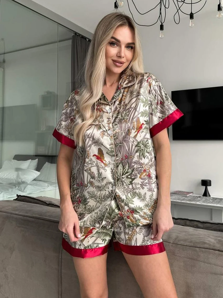 Marthaqiqi Printing Female Sleepwear 2 Piece Set Sexy Turn-Down Collar Pajamas Short Sleeve Nightwear Shorts Causal Home Clothes