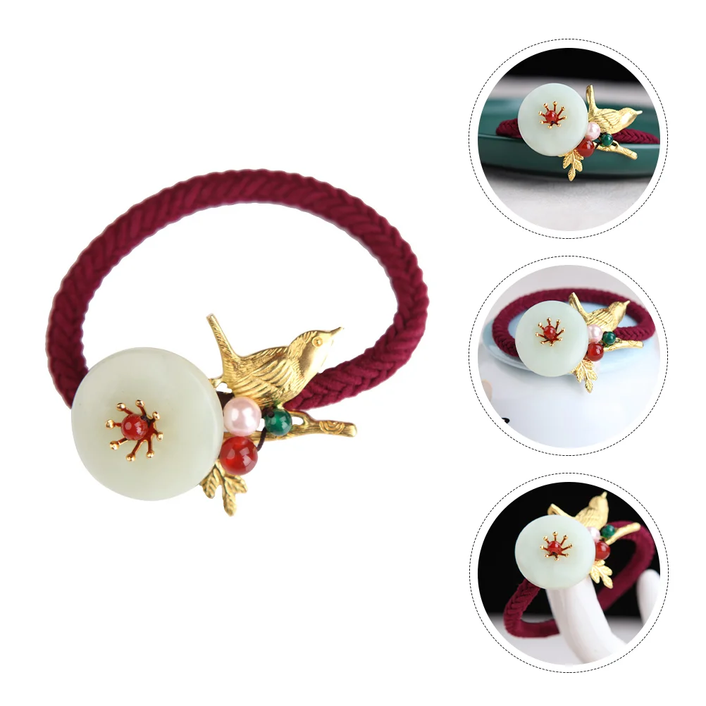 Elastic Hair Rope Copper Decorative Red Agate Bird Jade Bead Hair Tie Headband Accessory Ponytail Holder Lightweight
