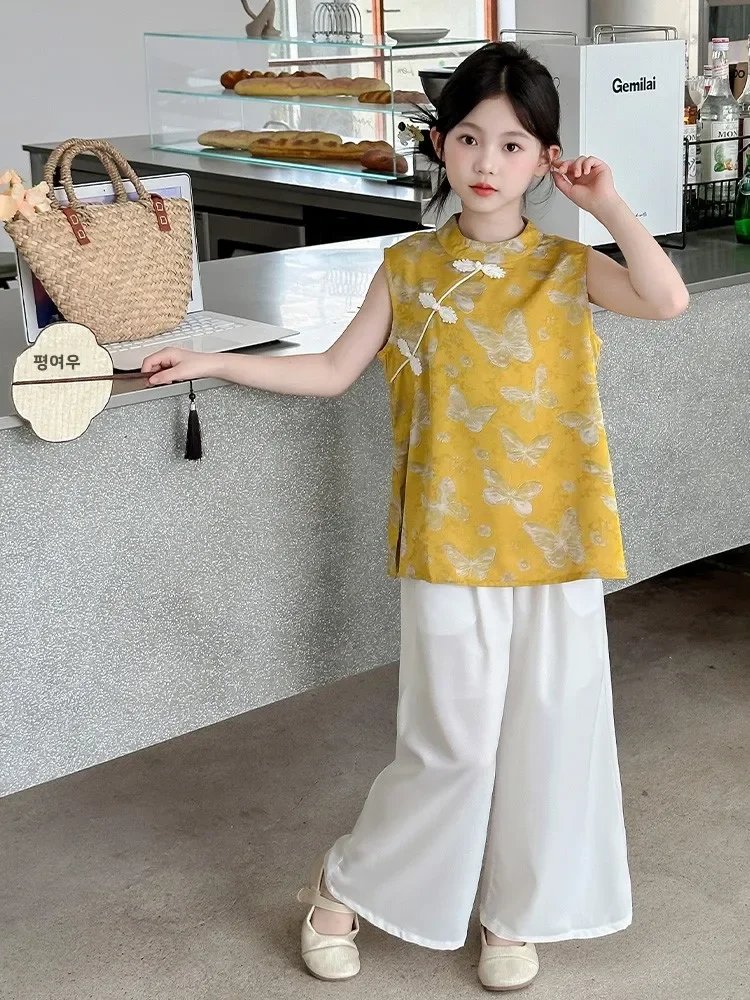 

Новый китайский комплект Sle, детский летний наряд, топ с цветочной вышивкой в стиле ретро, широкие брюки, комплект из двух предметов для девочек 5–4 лет