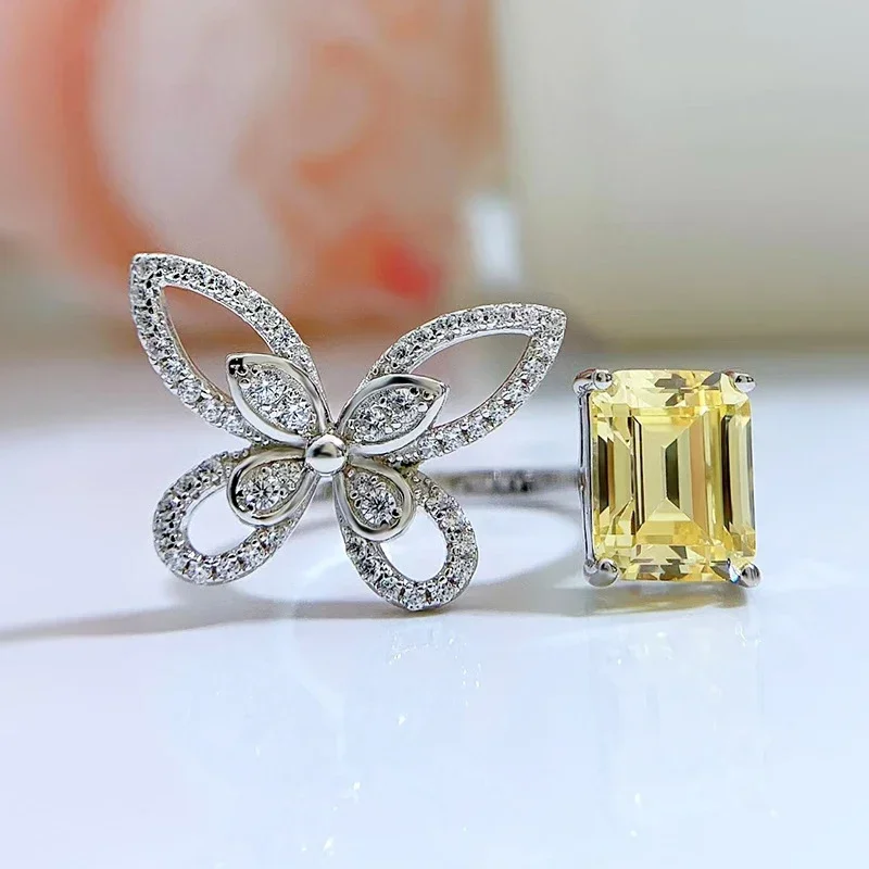 Cristal Espumante Zircônia Anel em Forma de Borboleta para Mulheres, Jóias Lindo, Glamour Elegante, Tamanho Aberto Ajustável, Presente Festa