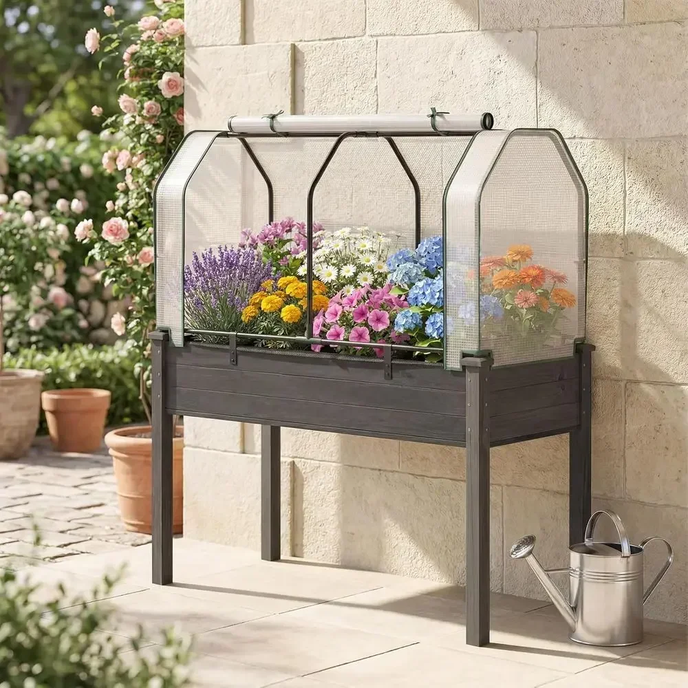Elevated Garden Bed with Mini Greenhouse, Dual Zipper Door, 48x22x54 Planter for Patio and Garden, Simple Assembly (Gray & White