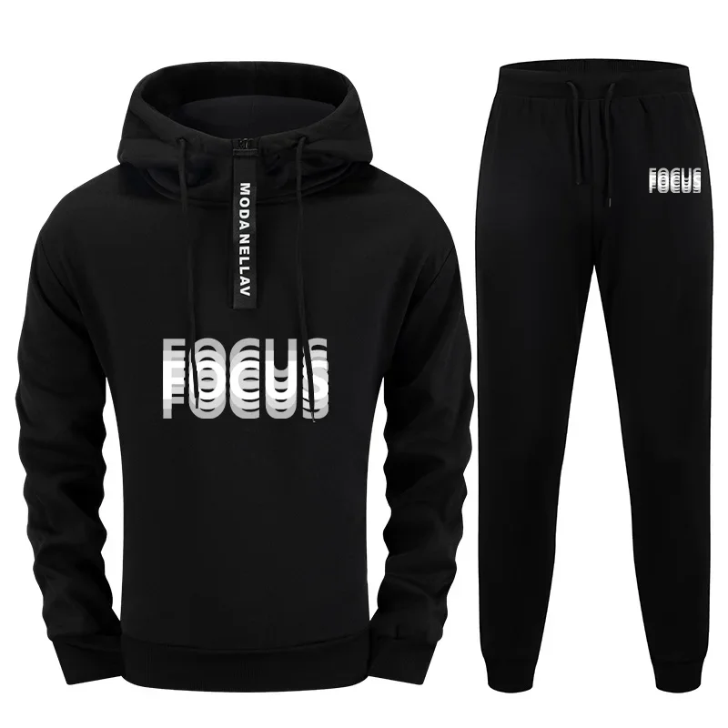 Męski zestaw 2-częściowy na rok 2025: bluza z krótkim zamkiem i spodnie, miejski styl streetwear, dres, strój na jesień i zimę, modne nadruki, odzież sportowa.