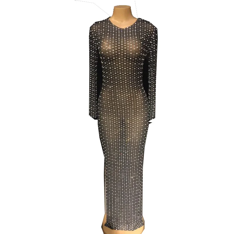 

New Women Mesh Sexy Stage Bling Long Dress High Grade Net Yarn Full Sparkling Rhinestone Pearls Party Dancer Singer Stage Wear