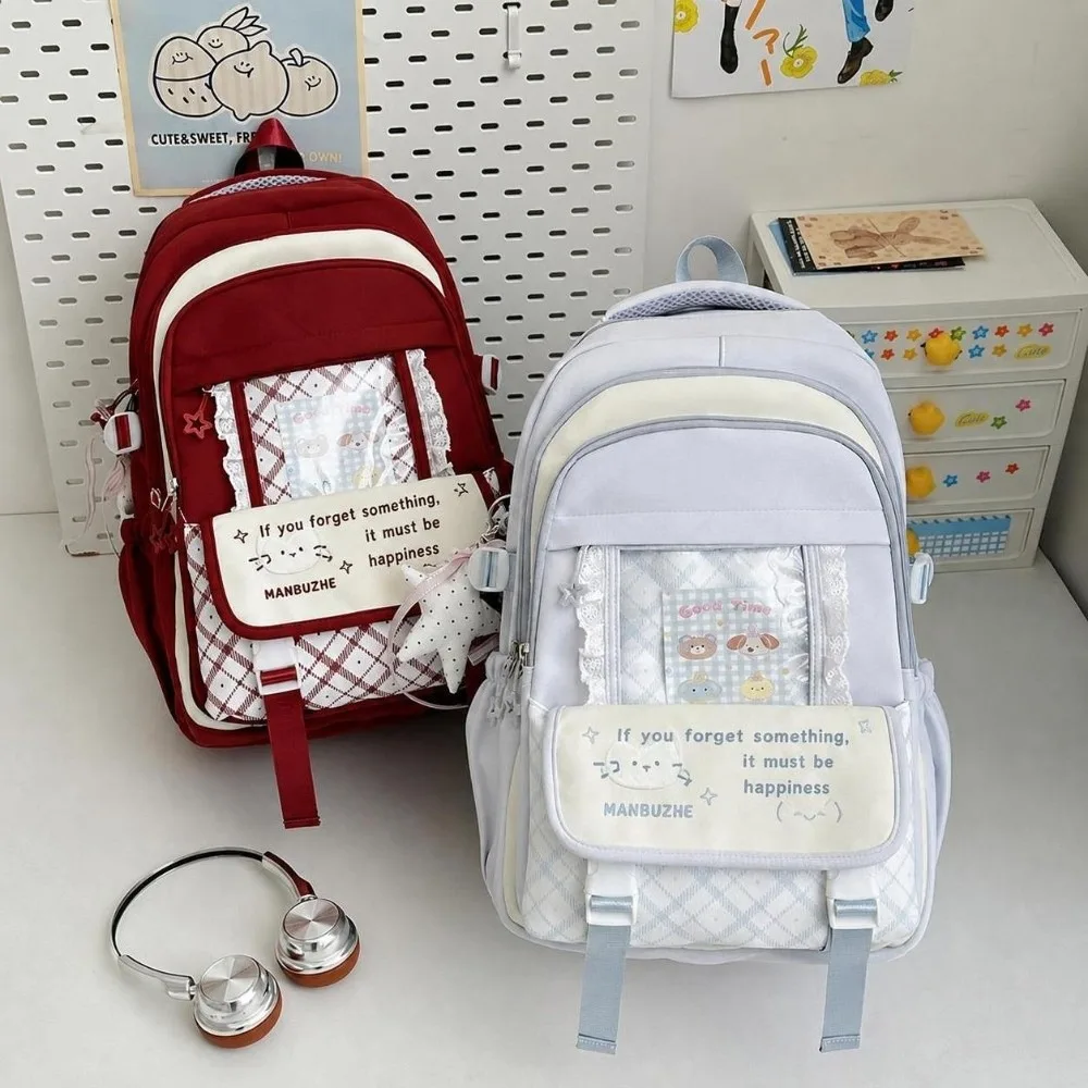 Lace Trim Girls School Backpack Checkered Lightweight Teen Girls Backpack Cat Pattern Multi-Pocket Multi-Pocket Bookbag