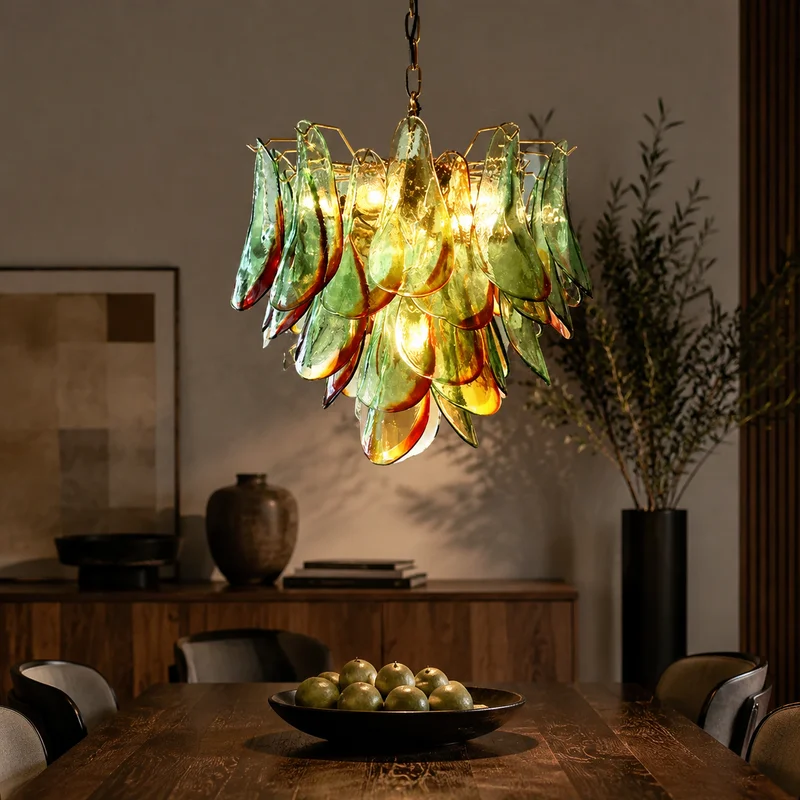 Vintage Mid Century Green Glass Petal Tiered Leaf Design For Dining Room Living Room Bedroom Kitchen Island Art Deco Chandelier