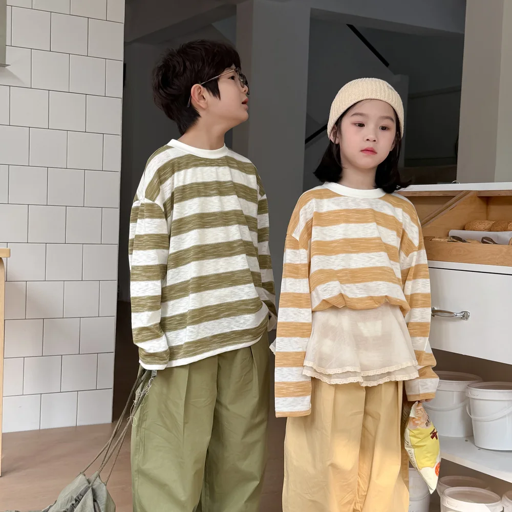 

Children's Sweater 2025 Spring New Wide Striped Round Neck Sweatershirt For Boys And Girls Casual Loose Pullover Tops