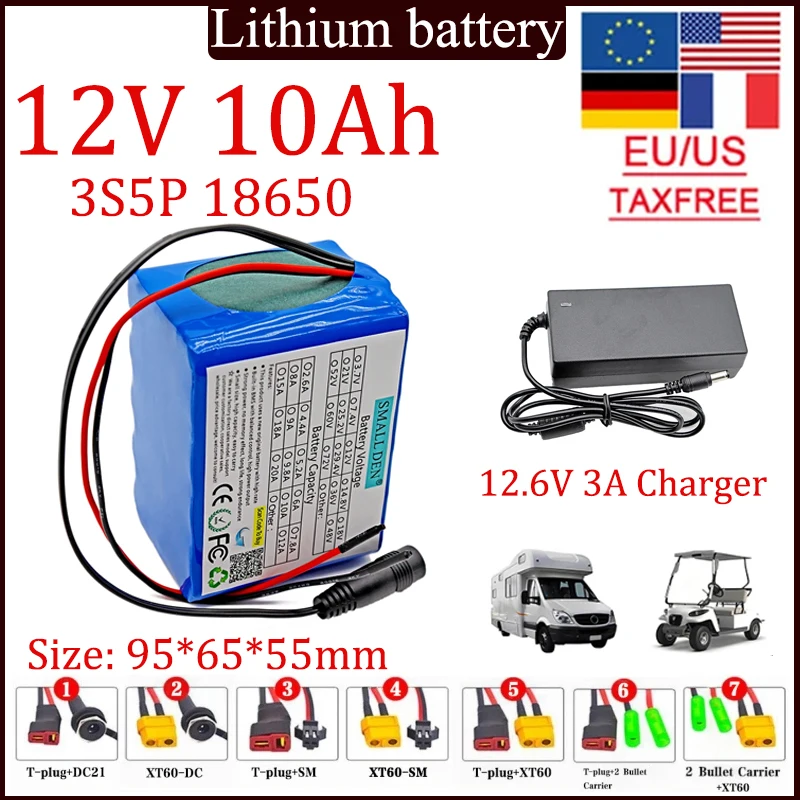 18650 3S5P 12V 10Ah lithium ion battery pack 12V LED 12V digital mobile power 12.6v emergency power backup power+3A charger