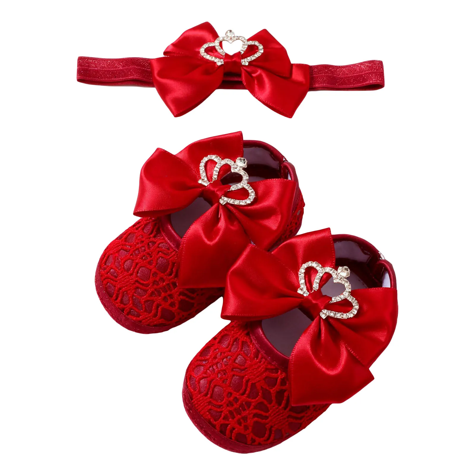 Baby Girls Princess Shoes and Headband Set Crown Bow Decor Lace Soft Non-slip Bottom First Walking Shoes