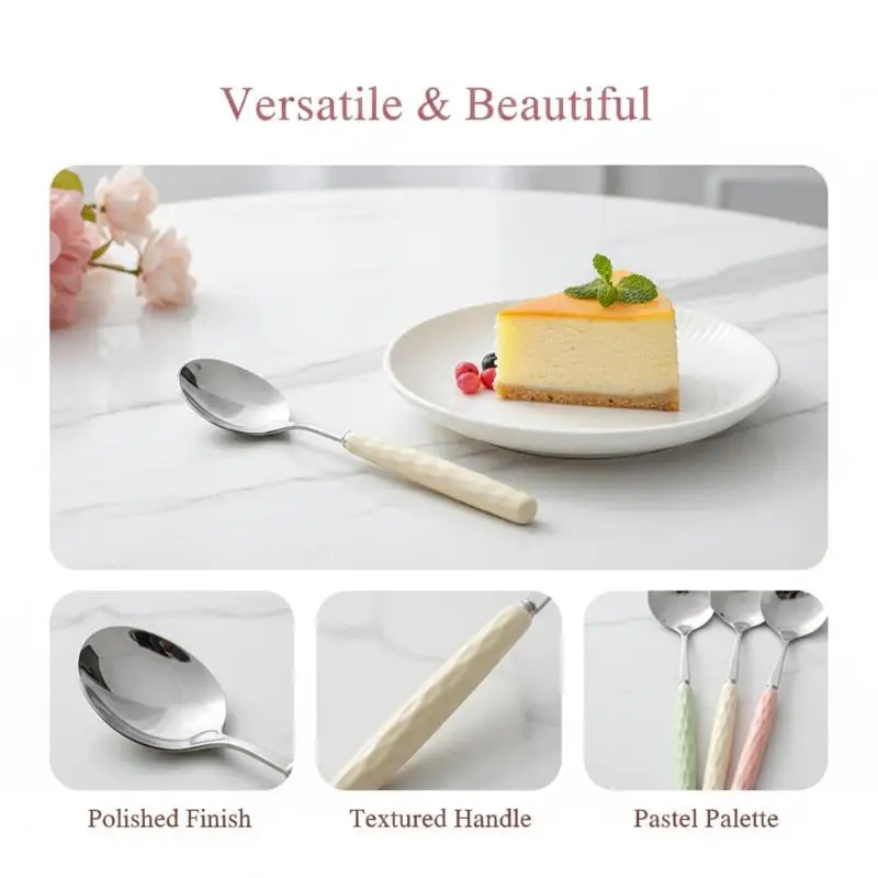 Stainless Steel Round Soup Spoons Non-slip Textured Handle Heavy Duty for Eating Porridge Broth Home Kitchen Use